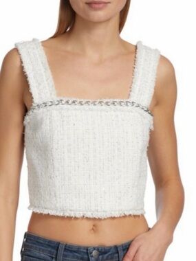 Alice + Olivia White Tweed Chain-Trim Cropped Tank